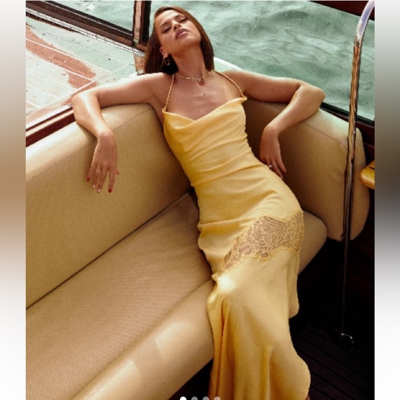 Meshki Chandra Lace Detail Yellow Satin Maxi Dress - Picture 2 of 4